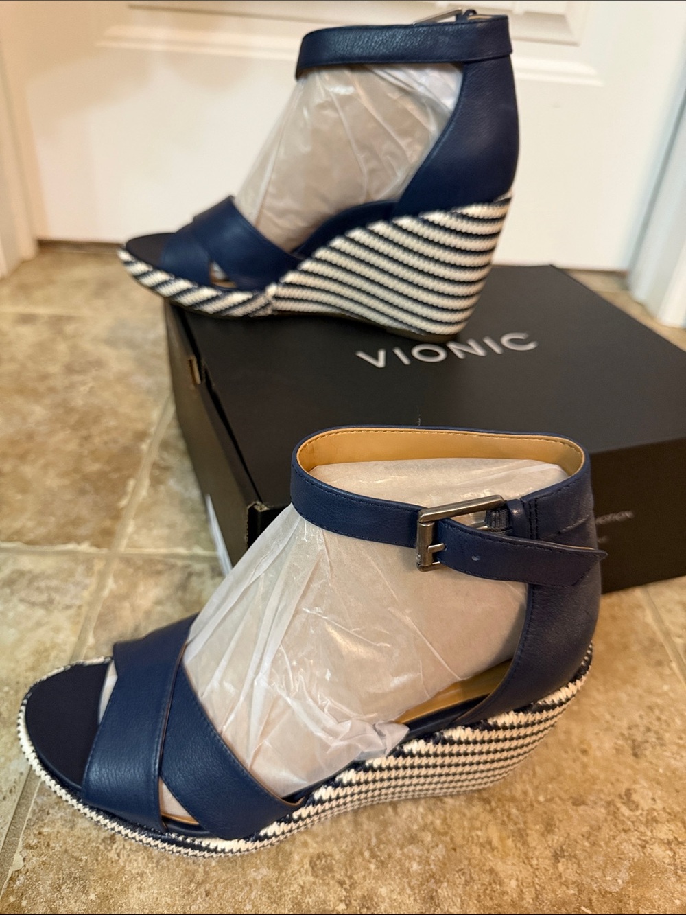 Vionic Marina navy ankle strap wedge sandals